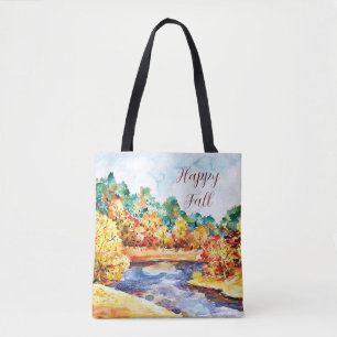 Tote Bag Paysage aquarelle d'automne avec texte personnalis