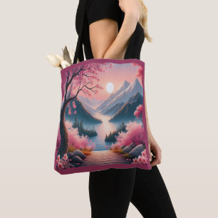 Tote Bag Paysage de montagne forestier aux cerisiers japona