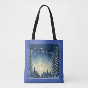 Tote Bag Paysage De Neige À feuillage persistant Lune Sous