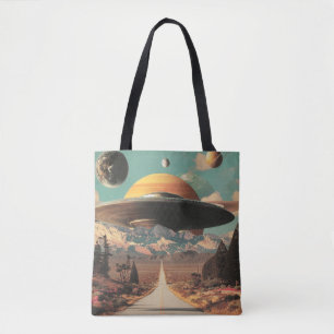 Tote Bag Paysage surréaliste avec route, OVNI et Saturne