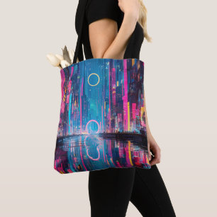 Tote Bag Paysage urbain nocturne néon vibrant futuriste