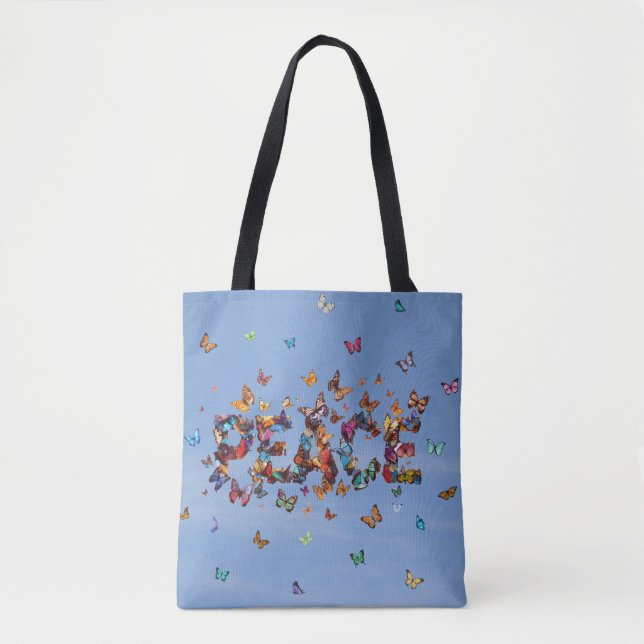 Tote Bag PEACE Blue Sky Butterflies | Motivational Hope Joy (Devant)