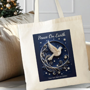 Tote Bag Peace Dove White Dark Blue Stars Noël