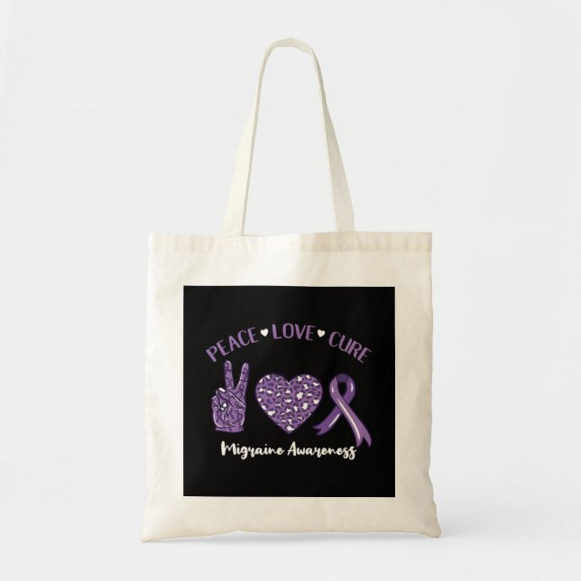 Tote Bag Peace Love Cure Migraine Awareness Ruban (Devant)