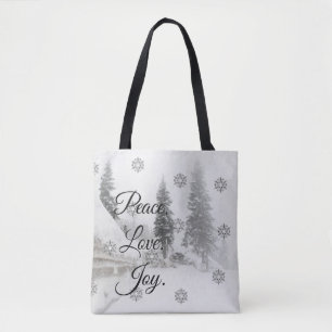 Tote Bag Peace Love Joy   Noir et blanc Snowfall Noël