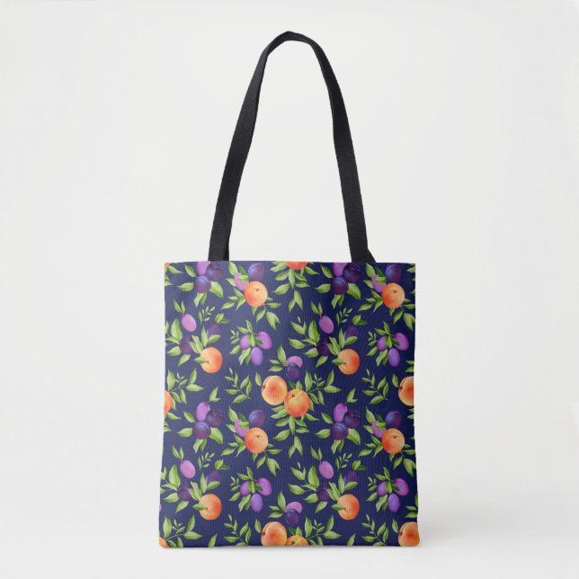 Tote Bag Peaches Plums Purple Cute Fruit Motif botanique (Devant)