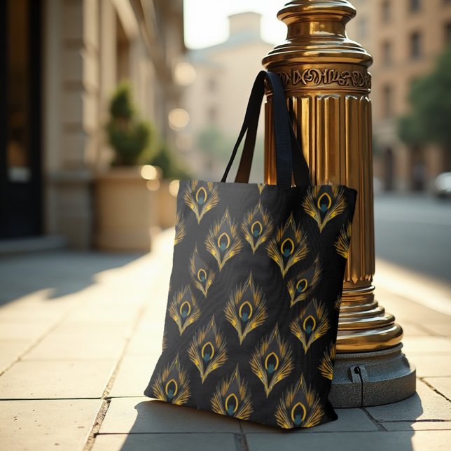 Tote Bag Peacock Art Déco - Luxe Deco Gold & Grey (Carry Art Deco elegance. Gilded peacock tote bag for glamorous urban life.)