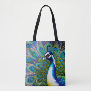 Tote Bag Peacock blanc bleu et vert Piebald