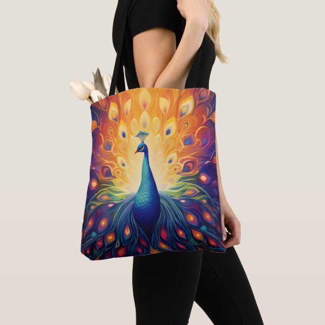 Tote Bag Peacock - Blue Green Rose Orange Jaune Plumes (De près)