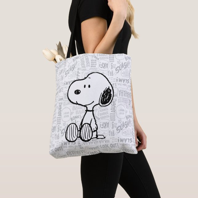 Tote Bag PEANUTS | Snoopy on Black White Comics (De près)
