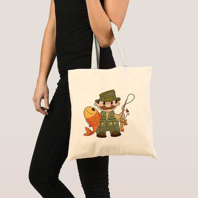 Tote Bag Pêcheur de dessin animé avec Gros Catch Funny Fish (Créateur téléchargé)