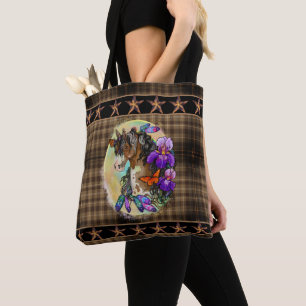 Tote Bag Peindre Cheval Mustang avec Iris et papillons