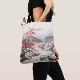 Tote Bag Peinture à l'encre de l'arbre rouge de la rivière