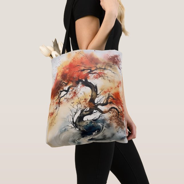 Tote Bag Peinture Abstraite d'encre d'arbre d'automne (De près)