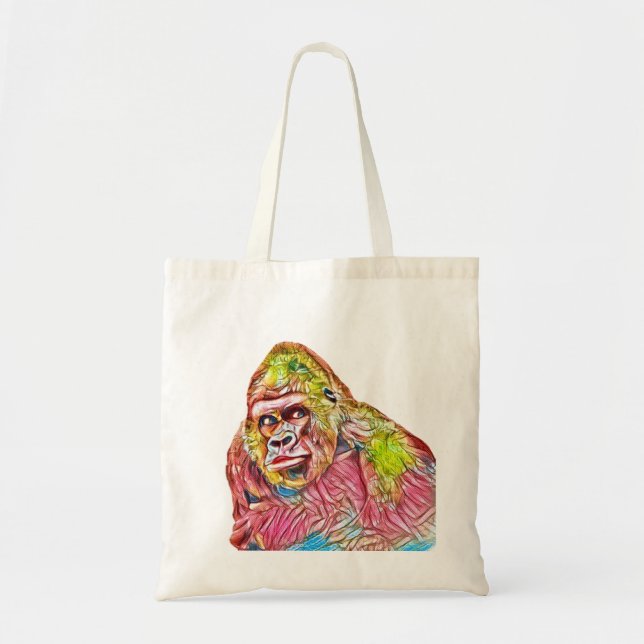 Tote Bag Peinture de Gorilla rose bleu jaune (Devant)