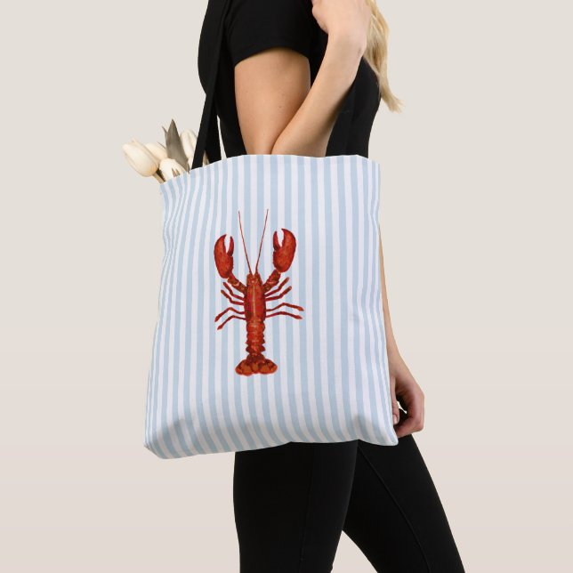 Tote Bag Peinture de homard Bleu Nautique Bleu Bande Côtièr (De près)