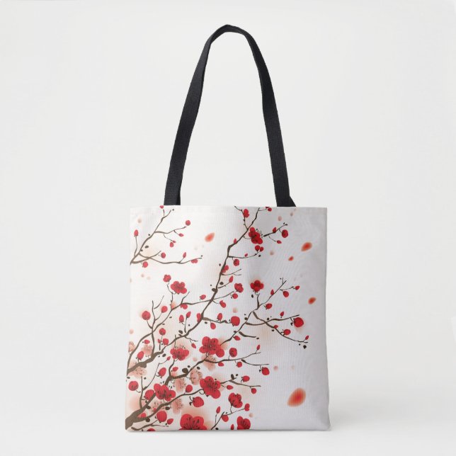 Tote Bag Peinture orientale de style, fleur de prune au (Devant)