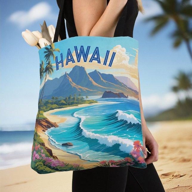 Tote Bag Peinture paradisiaque tropicale de Hawaii Beach (Vibrant Hawaii Beach Tropical Paradise Painting Tote Bag)