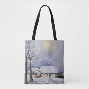 Tote Bag Peintures à l'huile paysage rural. Hiver. Vieux vi