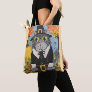 Tote Bag Pèlerin Folk Art Thanksgiving Chats Double Côté