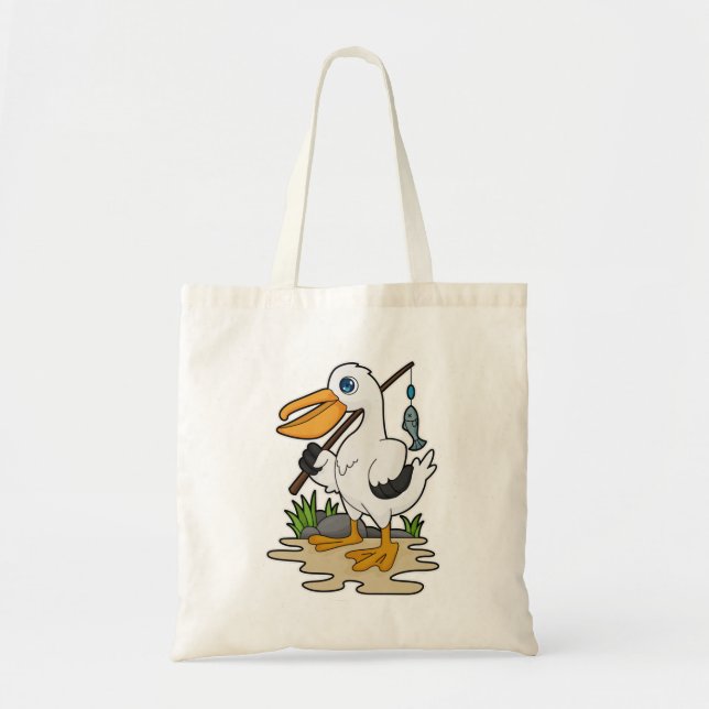 Tote Bag Pélican comme pêcheur avec la baguette de pêche et (Devant)