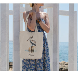 Tote Bag pélican debout sur une aquarelle