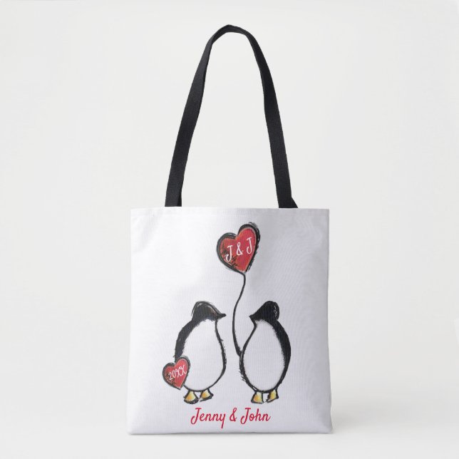 Tote Bag Penguin & coeurs mariage / anniversaire (Devant)