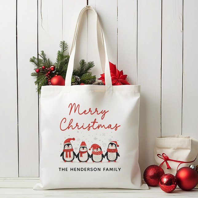 Tote Bag Penguins Nom personnalisé Joyeux Noël (Créateur téléchargé)