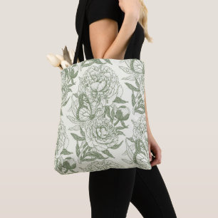 Tote Bag Peoné et papillons bloc impression, sauge vert et