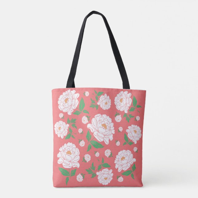 Tote Bag Peonies blanches Vivant Arrière - plan de corail (Dos)