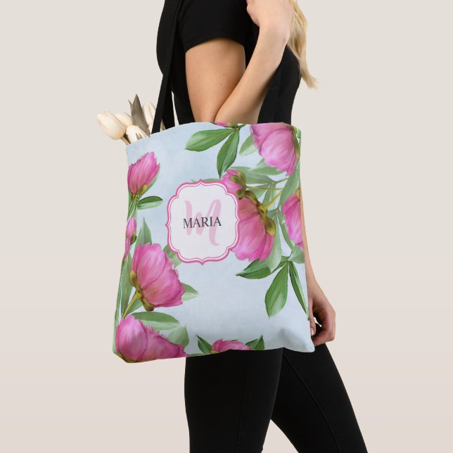 Tote Bag Peonies rose botanique Chic Girly Monogram Peonies (De près)