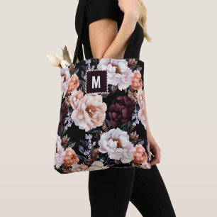 Tote Bag Peonies sombres Motif floral Monogramme