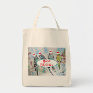 Tote Bag Père Noël Budgie Noël aquarelle peinture oiseau