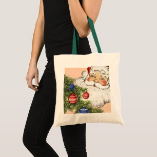 Tote Bag Père Noël de Noël vintage avec ornements d'arbre