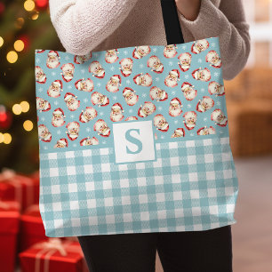 Tote Bag Père Noël Vintage Bleu Gingham Monogrammé Noël