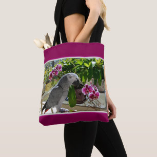 Tote Bag Perroquet de gris africain avec des orchidées