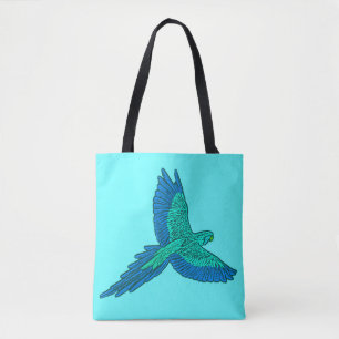 Tote Bag Perroquet en vol, Aqua et Bleu Cobalt