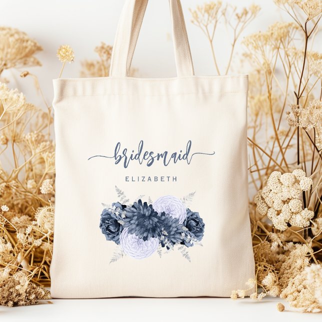 Tote Bag Personalized Bridesmaid Floral Dusty Blue Script (Créateur téléchargé)