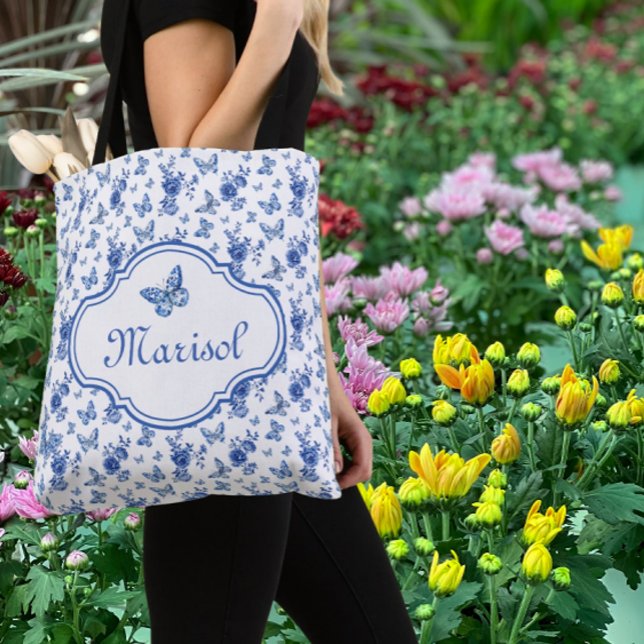 Tote Bag Personalized Chinoiserie Butterflies Flowers (Personalize for someone special!)