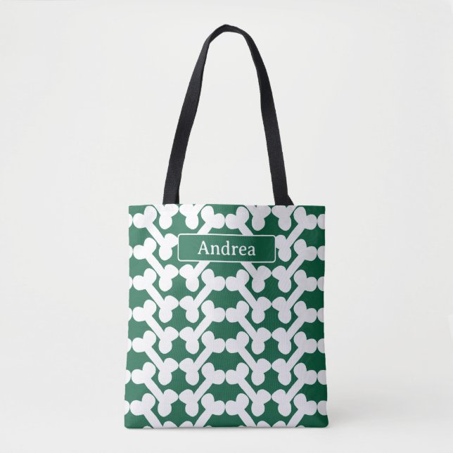 Tote Bag Personalized Dog Bone Pattern Green White Modern  (Devant)