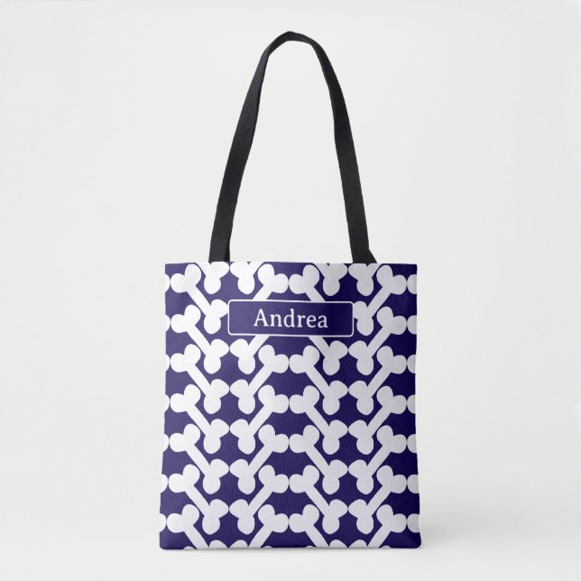 Tote Bag Personalized Dog Bone Pattern Navy White Modern  (Devant)
