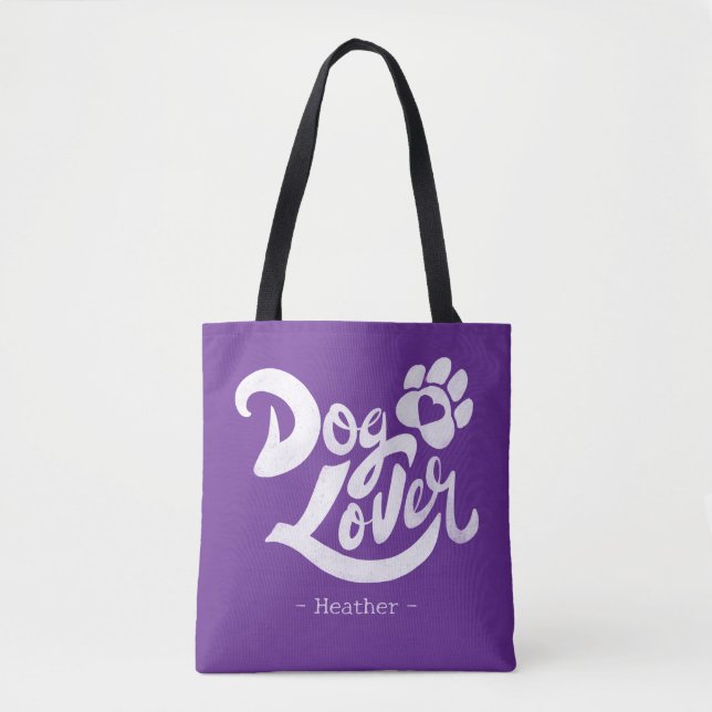 Tote Bag Personalized Dog Lover Hand-Lettered Purple (Devant)