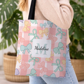 Tote Bag Personalized Girl Cute Bow Name Pastel Pink