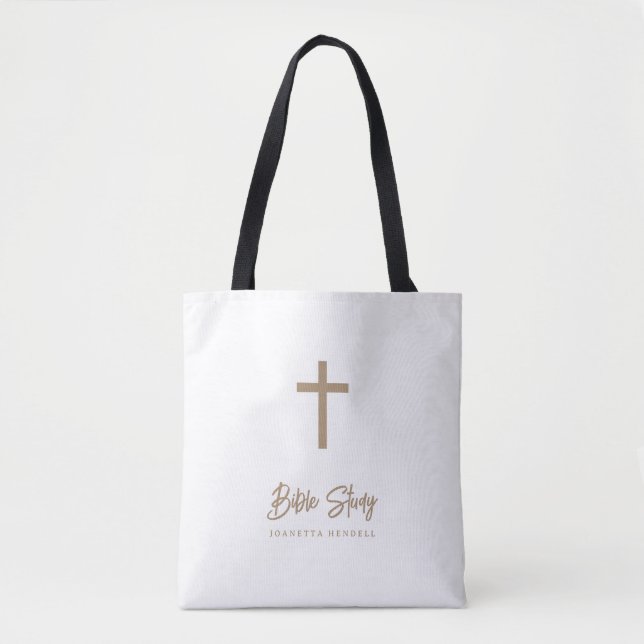 Tote Bag Personalized Gold Script White Bible Study (Devant)