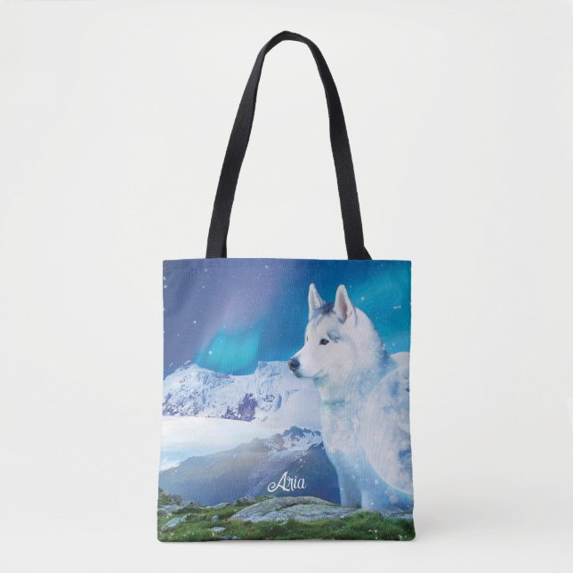 Tote Bag Personalized Husky dog with mountains  (Devant)