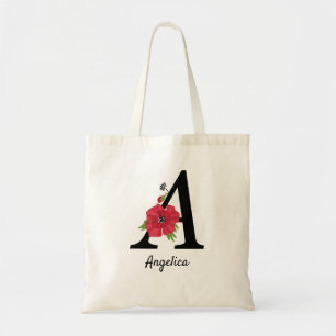 Tote Bag Personalized monogram editable A text red flower f