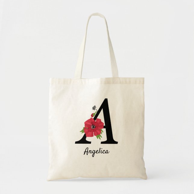 Tote Bag Personalized monogram editable A text red flower f (Devant)
