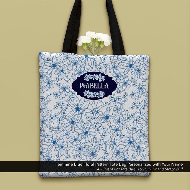 Tote Bag Personalized Name Feminine Blue Floral Pattern (Feminine Blue Floral Pattern Tote Bag–Personalized with Your Name)