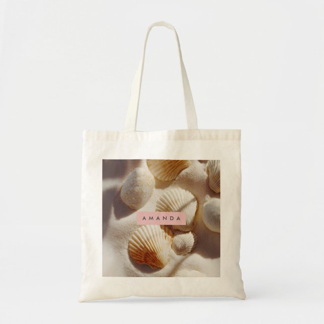 Tote Bag Personalized Pastel Coastal Seashells on Sand  (Devant)