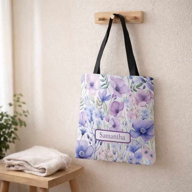 Tote Bag Personalized Purple Floral Name (Créateur téléchargé)